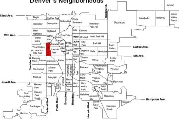 Map showing Denver's neighborhoods with labels. Key roads like Colfax Ave, 52nd Ave, and Hampden Ave are marked. An area is highlighted in red near the center of the map, possibly related to the Sun Valley Phase I study on whether living conditions made residents sick. An airport is denoted in the top right corner.