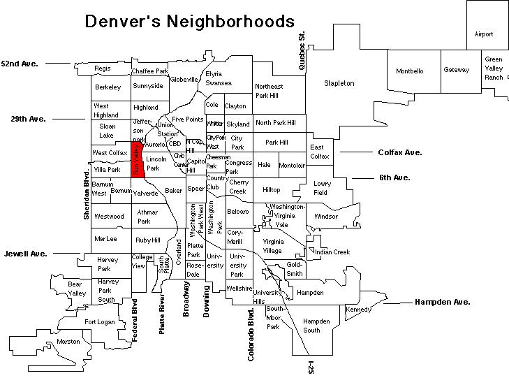 Map showing Denver's neighborhoods with labels. Key roads like Colfax Ave, 52nd Ave, and Hampden Ave are marked. An area is highlighted in red near the center of the map, possibly related to the Sun Valley Phase I study on whether living conditions made residents sick. An airport is denoted in the top right corner.