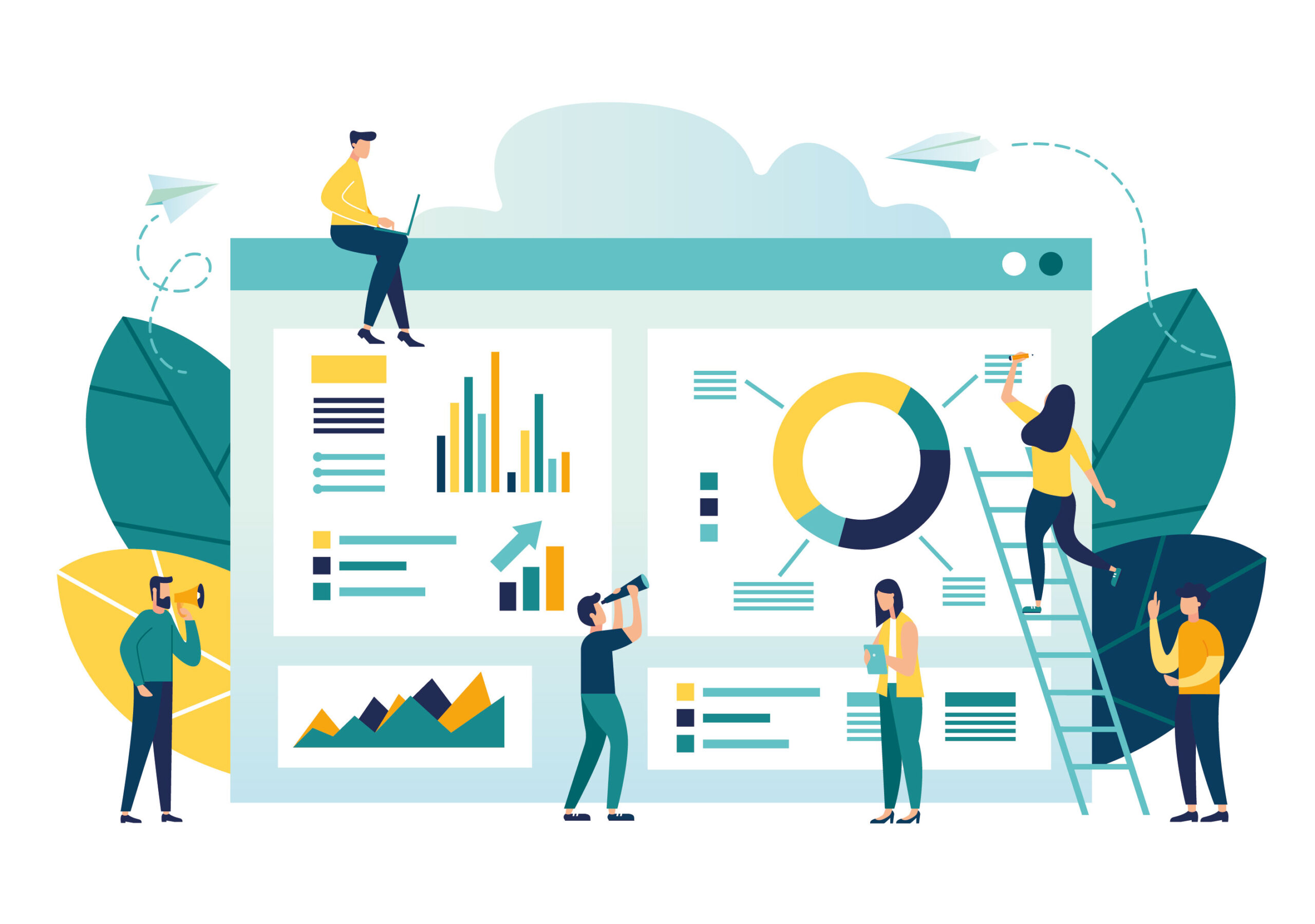Illustration of people interacting with large data charts on a screen. One person sits on top, two are climbing a ladder, and others are using magnifying tools. The charts display bar graphs, pie charts, and various data visualizations.