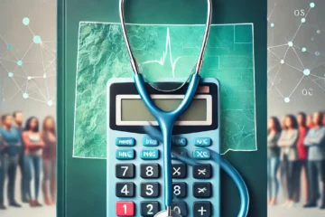 Map of Colorado with a calculator and stethoscope in front of the map.