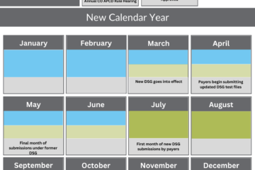 A timeline infographic titled "Data Submission Guide Versions 15/16 Timeline" displays key milestones for DSG versions across months. The timeline uses three colors to represent statuses: light blue for "DSG 15 Active," light green for "DSG 16 In Effect," and darker green for "DSG 16 Active." November (previous year): Final DSG submitted during Annual CO APCD Rule Hearing (DSG 15 Active). December (previous year): New DSG version approved (DSG 15 Active). New Calendar Year: January–February: DSG 15 Active. March: DSG 16 In Effect; new DSG goes into effect. April: DSG 16 In Effect; payers begin submitting updated DSG test files. May: DSG 16 In Effect; final month of submissions under former DSG. June: DSG 16 In Effect. July: DSG 16 Active; first month of new DSG submissions by payers. August–October: DSG 16 Active. September: DSG 16 Active; new data elements added under the new DSG become available through data warehouse refresh. November: DSG 16 Active; newest DSG update submitted during Annual CO APCD Rule Hearing. December: DSG 16 Active; new DSG approved.