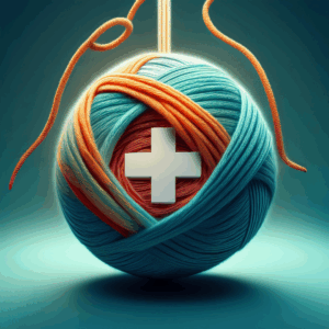 Ball of yarn that is unwinding and revealing health care cross symbol