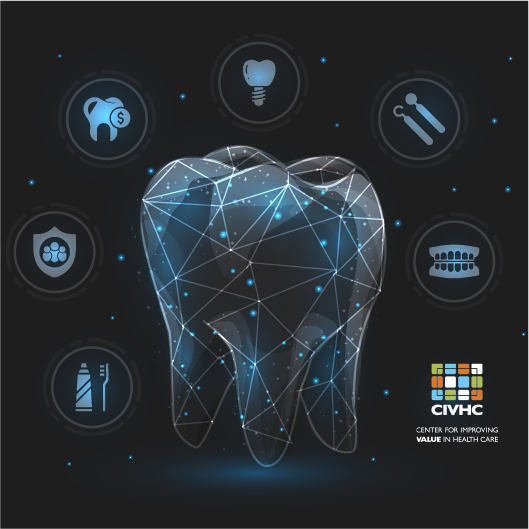 Illustration of a tooth surrounded by icons representing dental care, costs, and access, branded with the CIVHC logo.