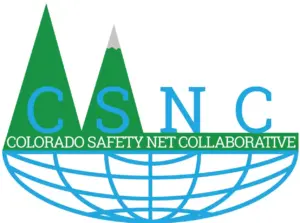 Colorado Safety Net Collaborative logo with mountain peaks, acronym CSNC, and a net-like globe.