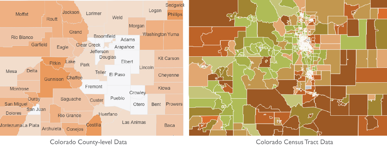 A side-by-side comparison of two maps of Colorado. The left map is titled 'Colorado County-level Data' and depicts the state divided into counties, each outlined and labeled with names such as Moffat, Larimer, and Denver. The counties are shaded in various tones of orange, indicating different data points or values. The right map, titled 'Colorado Census Tract Data', shows a more detailed division into census tracts with a similar color scheme, emphasizing the density of data points in urban areas like Denver, represented with finer lines and smaller regions.