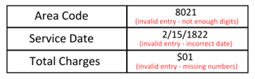 Table displaying examples of invalid data entries with error messages in red text. The table has three rows: Area Code: '8021' – flagged with the error '(invalid entry - not enough digits)'. Service Date: '2/15/1822' – flagged with the error '(invalid entry - incorrect date)'. Total Charges: '$01' – flagged with the error '(invalid entry - missing numbers)'. The errors highlight issues with incomplete area codes, historically inaccurate service dates, and improperly formatted monetary amounts.