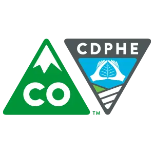 Logo of the Colorado Department of Public Health and Environment (CDPHE), featuring stylized mountain peaks and a tree, symbolizing Colorado's natural environment and public health mission, accompanied by the department's name.